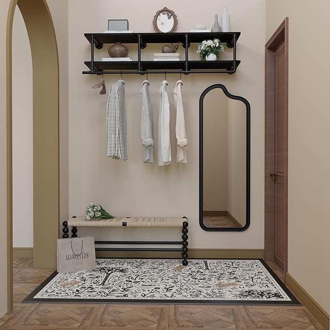 Wall Mounted Clothes Rack 12 Inch Deep, 60 Inch Heavy Duty Garment Rack with Real Black Wood Shelf, Multi-Purpose Hanging Rod & Space-Saving Closet Storage Organizer