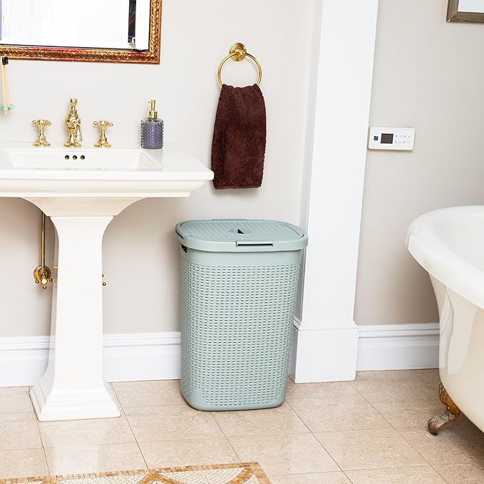 Mind Reader Slim Laundry Hamper with Lid, 60L Clothes Basket, Premium Wicker Design, Plastic, Mint