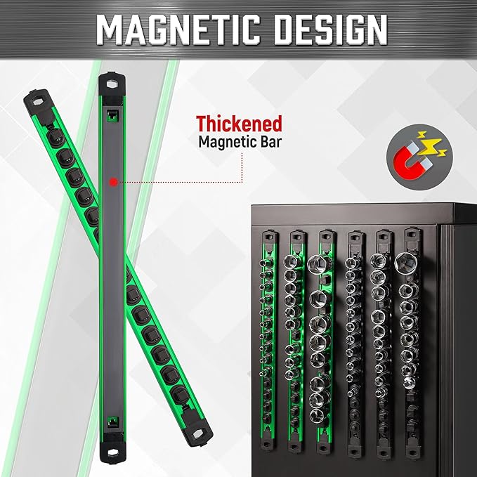 ALOANES 1/4-Inch Drive Magnetic Socket Organizer, Heavy Duty Aluminum Socket Rail Organizer, 360° Swivel Clips Socket Holder Kit for Tool Box, 1/4-Inch Socket Holder x 14 Clips (Green)