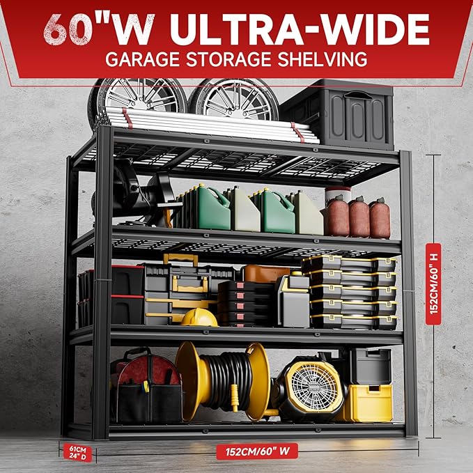 4-Tier 60”W Garage Shelving Heavy Duty 2500LBS Garage Storage Rack 60" W Basement Warehouse Storage Shelves Units Adjustable Metal Shelf for Garages(Black)