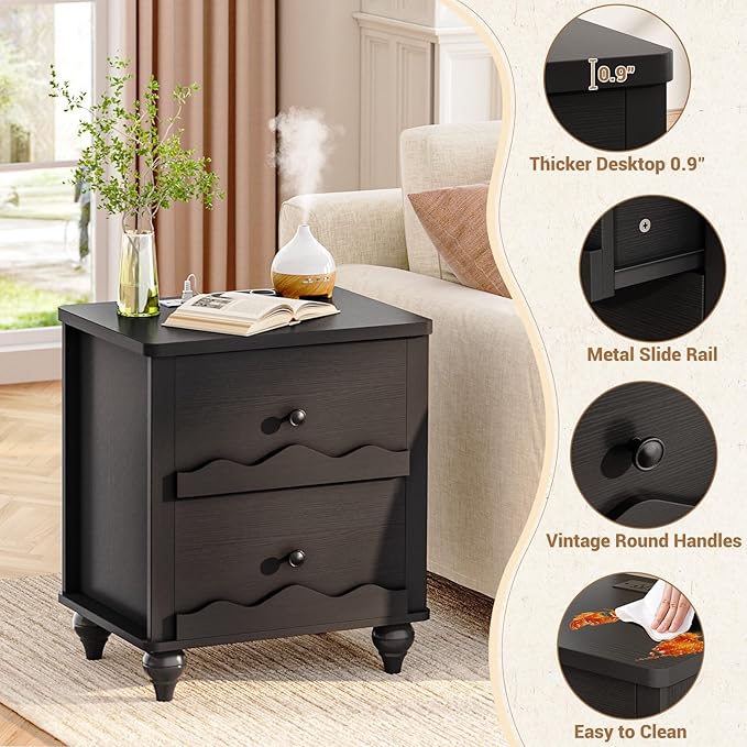 Cyclysio Nightstand Set of 2 with Charging Station, Side End Table with 2 Drawers, Modern Wood Night Stand Set 2 with Scalloped Pattern for Bedroom, Bedside Night Tables with Solid Wood Gourd Legs