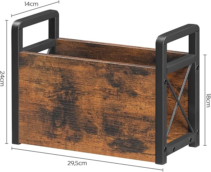 Magazine Holder, Magazine Rack Floor, Magazine Storage Basket, Magazine Rack for Desktop Home Office, Wooden Mail Organizer for Books, Newspapers, Mails, Rustic Brown and Black MR01BR