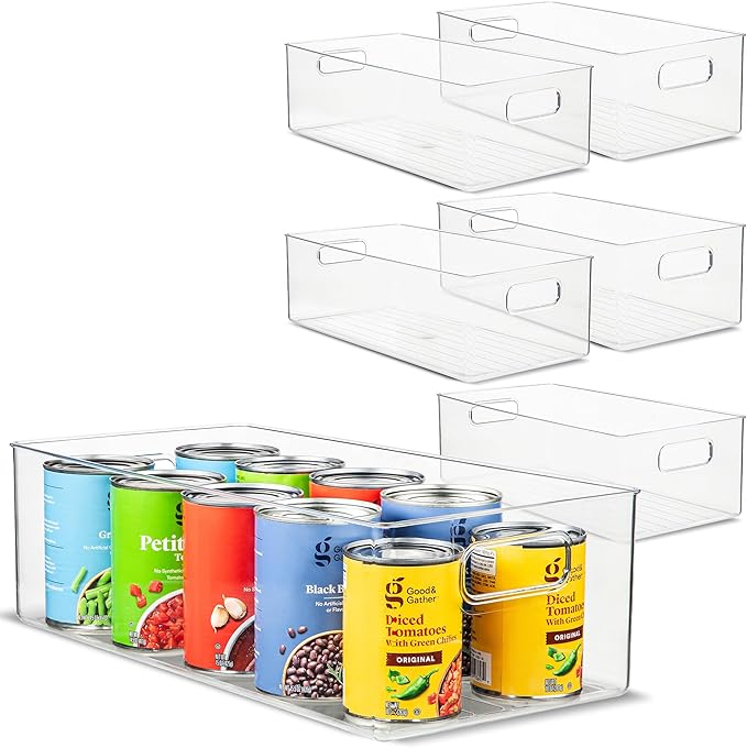 primebox Plastic Food Storage 6 Pack Clear Container Bin with Handles for Organizing Kitchen, Pantry, Refrigerator, Freezer, Pantry, Cabinet, Closet, Bathroom. 16”x8”x5”