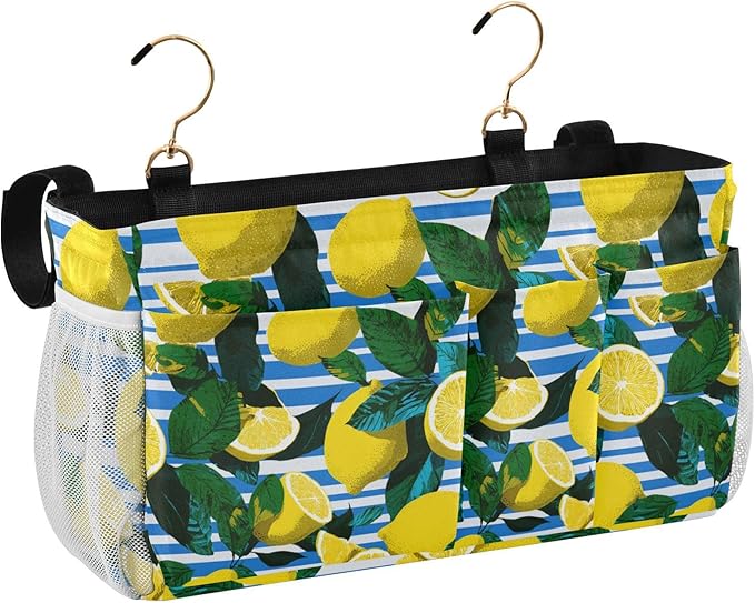 White and Blue Striped Lemons Bedside Caddy for Dorm Bed Bedside Hanging Caddy Bag Iron Frame Storage Organizer Pocket for Bunk Home College Hospital Beds 2 Hooks