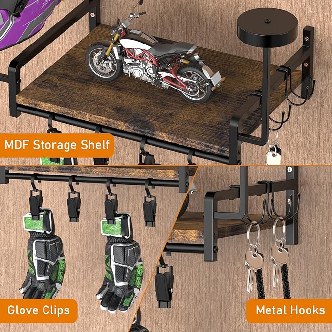 OYEAL Motorcycle Helmet Holder Wall Mount, Rustic Helmet Display Rack with Hooks, Storage Shelf, 4 Glove Clips for Motorcycle Gear Accessories Storage, Brown