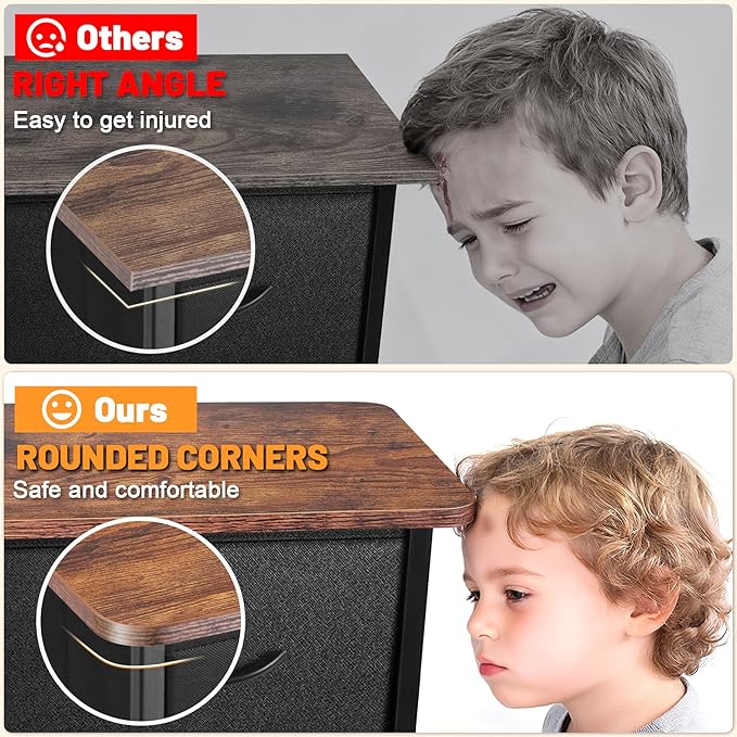 Curved Profile Dresser for Bedroom, Chest of Drawers, 8 Storage Drawers Organizer Unit, Brown Dresser with Fabric Bins for Closet, Living Room, Kid Room (Black and Rustic Brown)