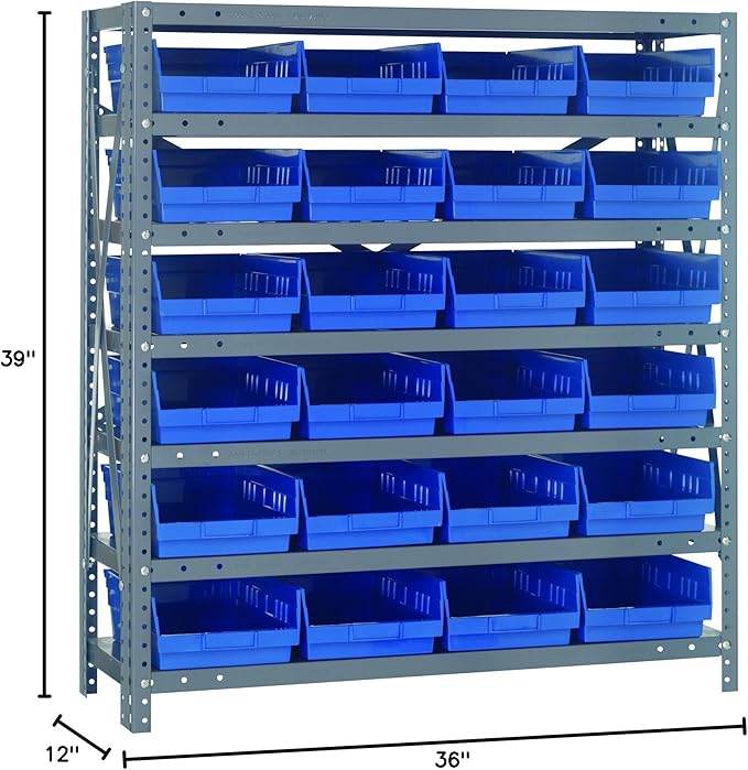 Quantum Storage Systems 1239-107BL Steel Shelving Unit with 4" Shelf Bins, 12" D x 36" W x 39" H, Blue