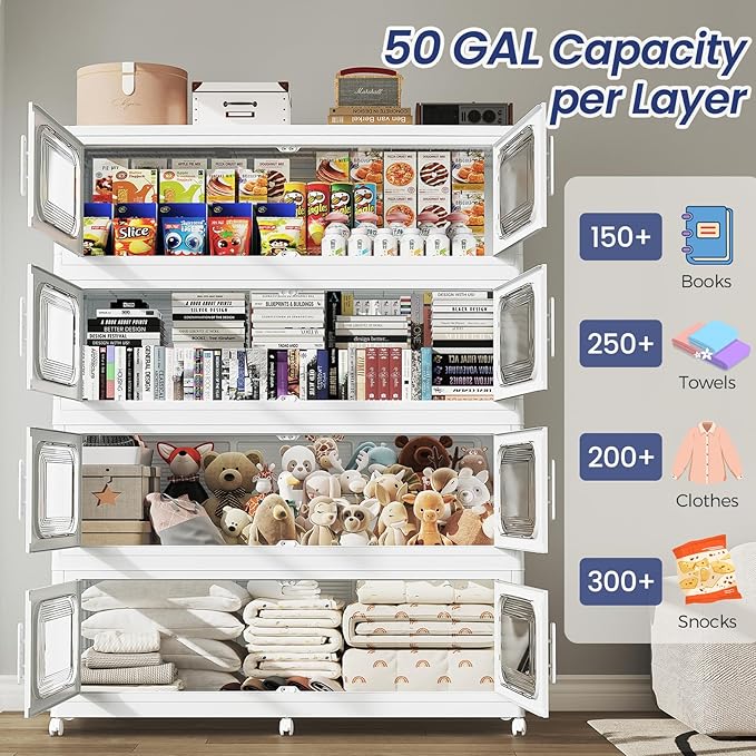 150 Gallon Extra Large Storage Bin with Lid and Wheels, Stackable Collapsible Plastic Storage Box with Door, Foldable Organizer for Closet, Kitchen, Office, Living Room, 3 Pack White