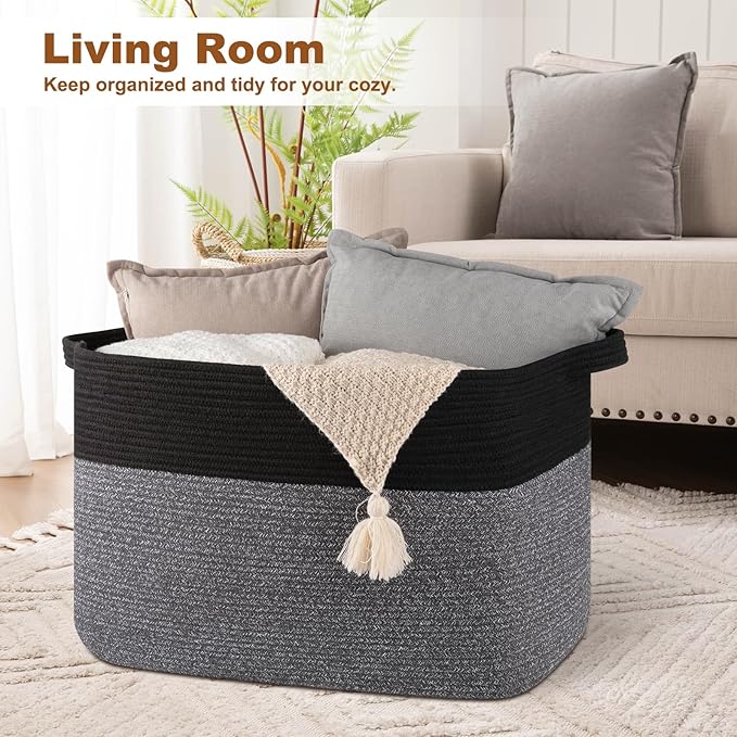 XXXL Supre Large Blanket Basket for Clothes, Towels, Pillows, 108L Cotton Rope Storage Basket for Living Room, Supre Large Woven Toy Storage for Kids, 25" x 16" x 16", Black