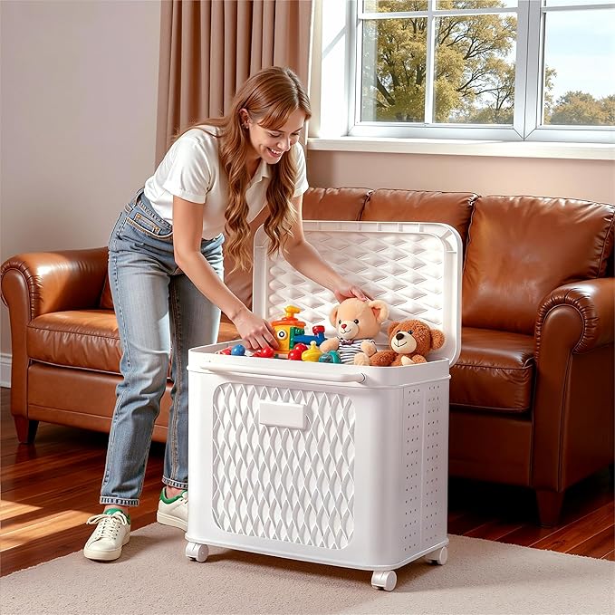 VECELO Deck Box, Outdoor Storage Box with Wheels and Lid, Waterproof Storage Bin for Package Delivery for Patio Furniture, Garden Tools, Pool Supplies, Foldable, White, 19.3" x 13.8" x 19.1"