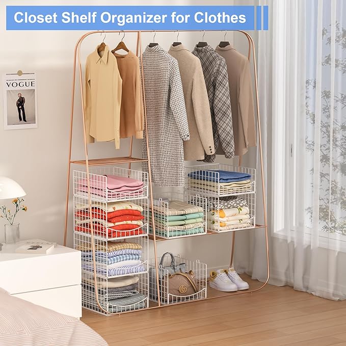 4-Tier Stackable Closet Organizers and Storage Shelves, Foldable & Mutifunctional Clothes Storage Basket Sweater Organizer Bins Container for Wardrobe Bathroom, White (Patent Pending)