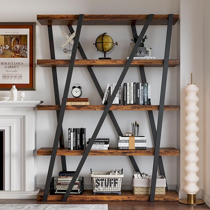 FUSUNBAO Unique 5-Tier Wooden and Metal Frame Bookshelf,Vintage Industrial Modern Style Tall Bookcase,72 "H x 12 "W x 47" L,Rustic Large Wooden Shelf,Display Shelf for Home Office,Retro Brown
