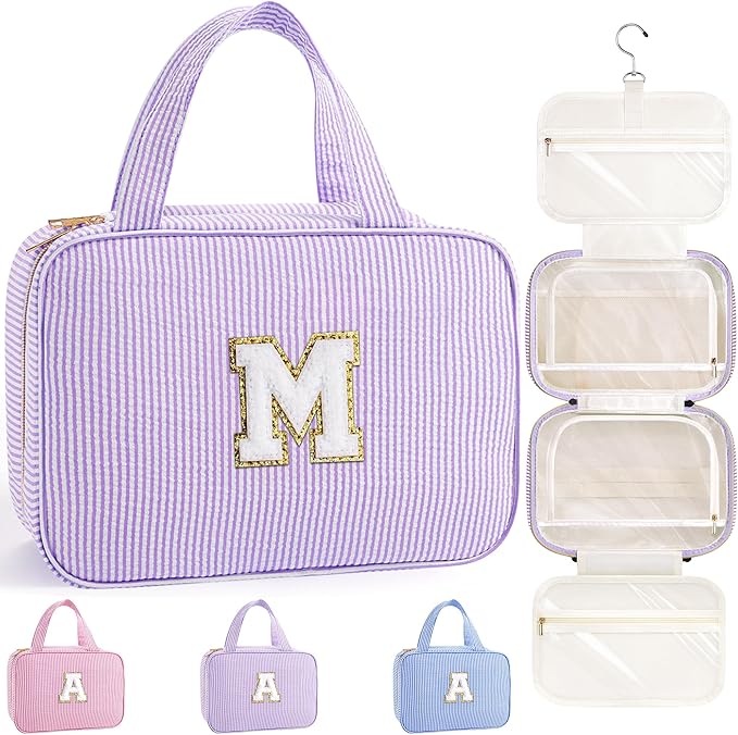 TOPEAST Christmas Gifts for Women Teen Girls Kids - Travel Hanging Toiletry Bag, Personalized Initial Toiletry Pouch, Birthday Gifts for Women Mom Daughter Sister Friends, Cruise Essentials, Purple M