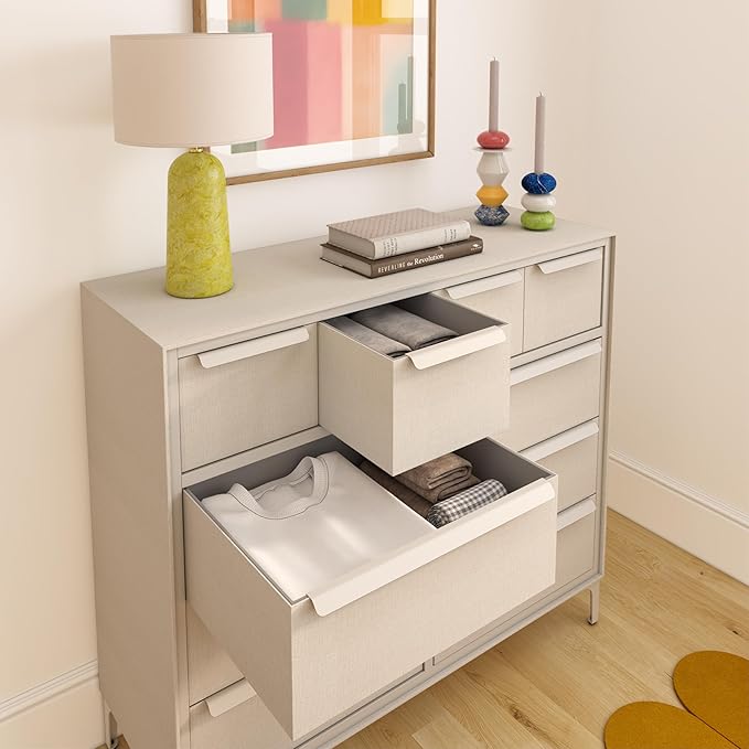 Naima Premium Fabric Dresser - Strong Metal Frame, 10 Spacious Sag-Proof Drawers with Sleek Metal Handles - Premium & Durable Storage Solution for Your Home (Beige)