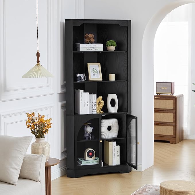 Mid-Century Modern 70" H Tall Coner Storage Cabinet with Doors & Adjustable Shelves, Wood Home Coner Pantry Hutch for Kitchen, Dining Living Room, Bathroom, Antique Dispaly (Black)