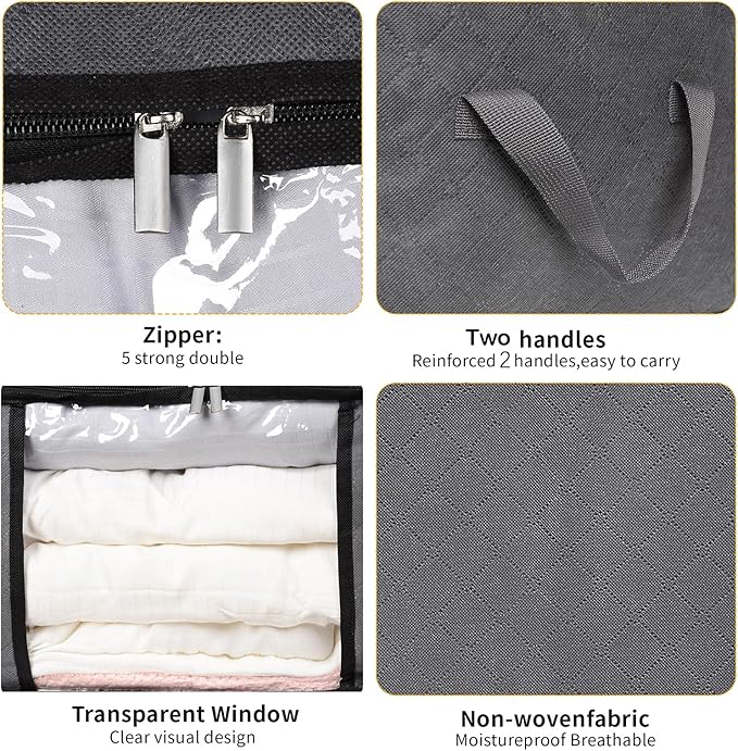3 Pack Clothes Storage Bags with Zipper, 45L Foldable Blanket Storage Box with Clear Window Sturdy Handles for Closet, Dorm, Pillows, Bedding, Sheet, Comforter, Gray