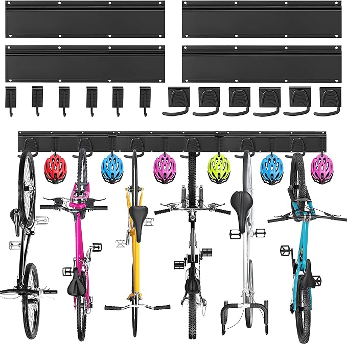 Sinoer 6-Bike & 6-Helmet Wall Mount Rack - 64 Inch Adjustable Bike Storage, Heavy Duty Steel Hooks, Space-Saving Bike Organizer for Home & Garage