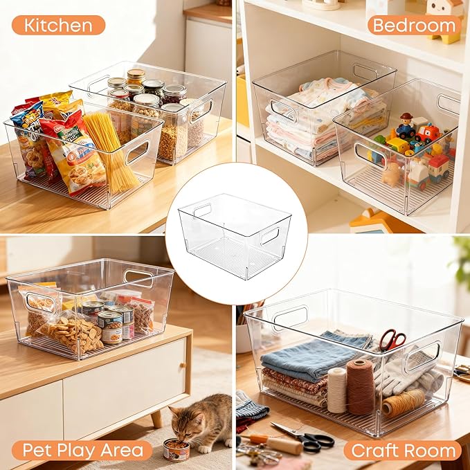 MOONEDGE 8 Pack Clear Plastic Storage Bins, 11"x8"x6" Food-Grade Pantry Storage Containers for Kitchen, Fridge & Freezer, Versatile Organizer Bins for Bathroom, Closet, Shelves & Home Organization