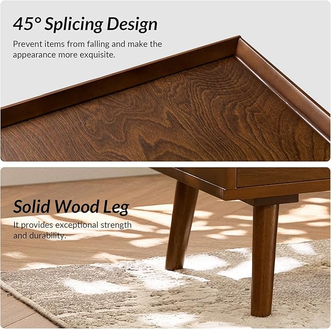 HULALA HOME 2 Drawer Nightstand with Charging Station, Mid-Century Modern Bedside Tables with Wood Legs, Wood Night Stand with Pull-Out Shelf Set of 2, Walnut