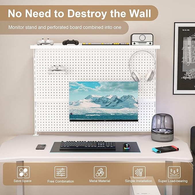 KEIKI Clamp-On Desk Pegboard with Single Monitor Stand, 43" x 35" Steel Peg Board Office Organizer with Hooks, Movable Panel & Shelf for Office Supplies, Gaming Setup & Desk Organization, White