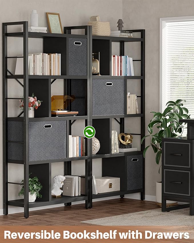 Armocity Bookshelf with Drawers - 5 Tier Tall Bookcase Geometric Modern Book Shelf Display Standing Bookshelves with Storage for Living Room, Bedroom Home Office, Black