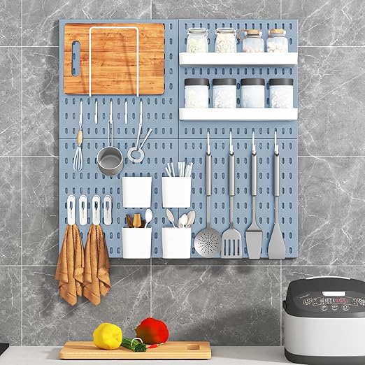 Peg Board Combination Kit, 8 Pegboards with 40 Accessories, Pegboard Wall Organizer for Office, Nursery & Home Storage, Key Holder, 51.2"x25.6" – Nail-Free Installation（Blue）