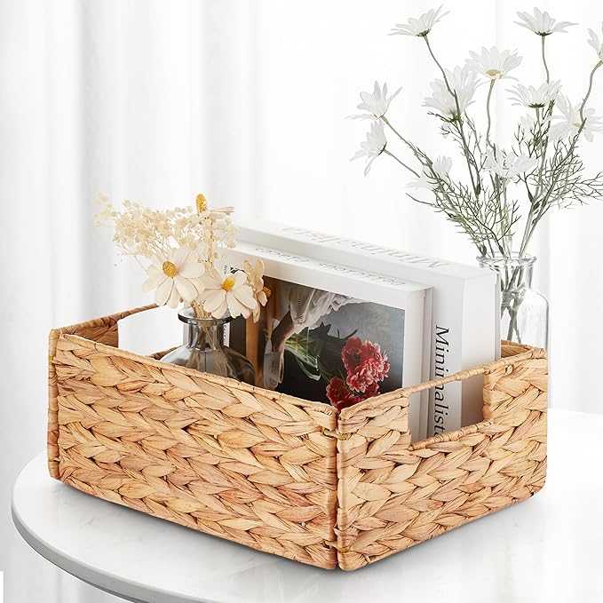 BLUEWEST Water Hyacinth Storage Baskets (Set of 6) – Woven Hyacinth Organizer with Carrying Handles, Laundry Basket for Organizing, Rattan Bin for Shelves
