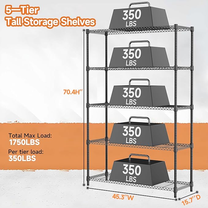 5 Tiers Shelf Metal Storage Shelves Standing 1750 LBs Household Shelf Organizer for Kitchen Pantry Closet Garage Basement Utility Room, Black15.7 D x 45.3" W x 70.4" H