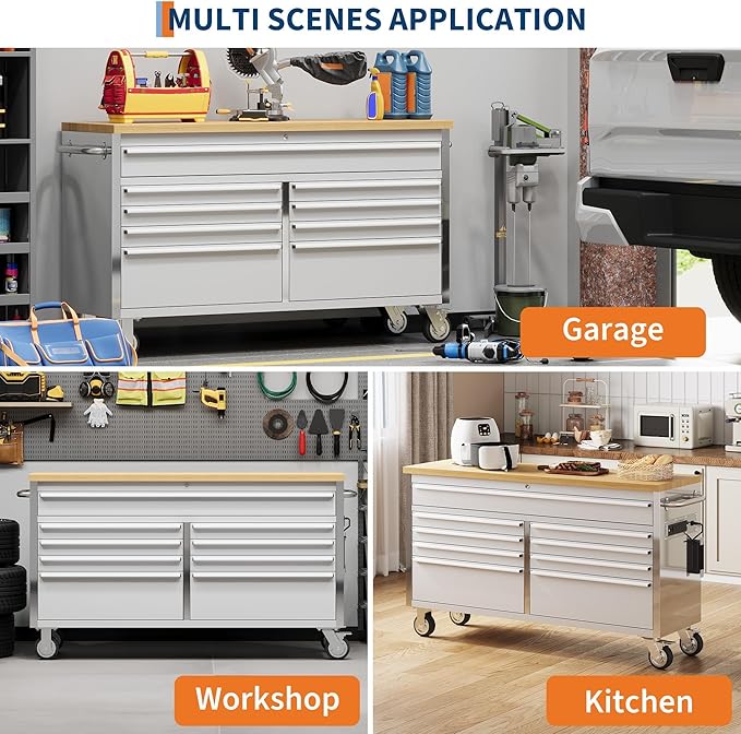 61 Inch Large Tool Chest with Lock - Tool Chest Workbench with 9 Drawers,4 Wheels(2 Can Be Braked),for Garage, Workshop, Warehouse Repair,Sliver