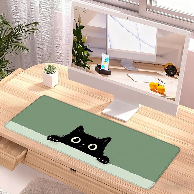 Cute Black Cat Large Mouse Pad – Extended Desk Mat 31.5 x 11.8 in– Kawaii Kitty Peeking Over Edge, Green Background, Non-Slip Rubber Base, Waterproof Keyboard & Mouse Pad for Office or Gaming
