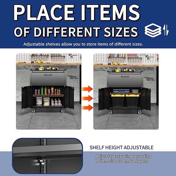 Metal Tool Cabinet,Garage Storage Cabinet System,Wall Cabinet & Locking Rolling Tool Cabinet with Doors and Adjustable Shelves,Steel Tool Cabinets for Home (2 Pcs-StyleE, Black)