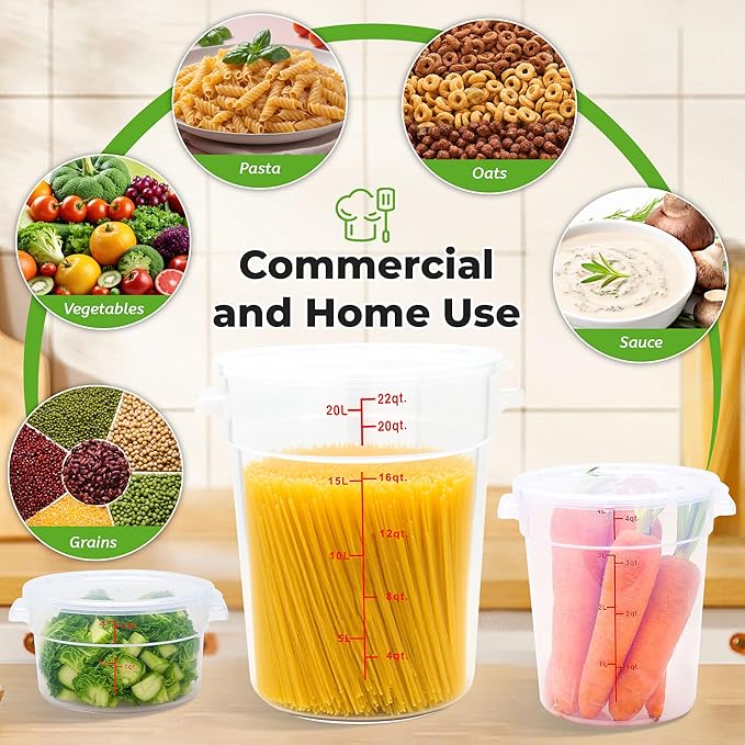 4 Pack Round Food Storage Containers with Lids, 4Qt Translucent Commercial Food Container, Polypropylene, BPA Free, Includes Labels & Measuring Cups