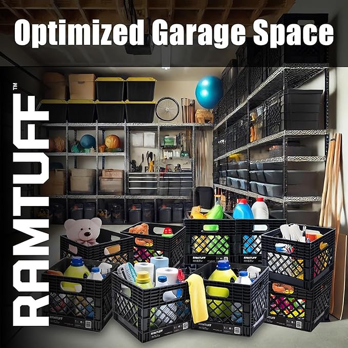 Ramtuff 4 Pack Storage Milk Crate, Durable Plastic Home Organizers, Stackable Box Set with Reinforced Handles, 250 lb Load Capacity, Black