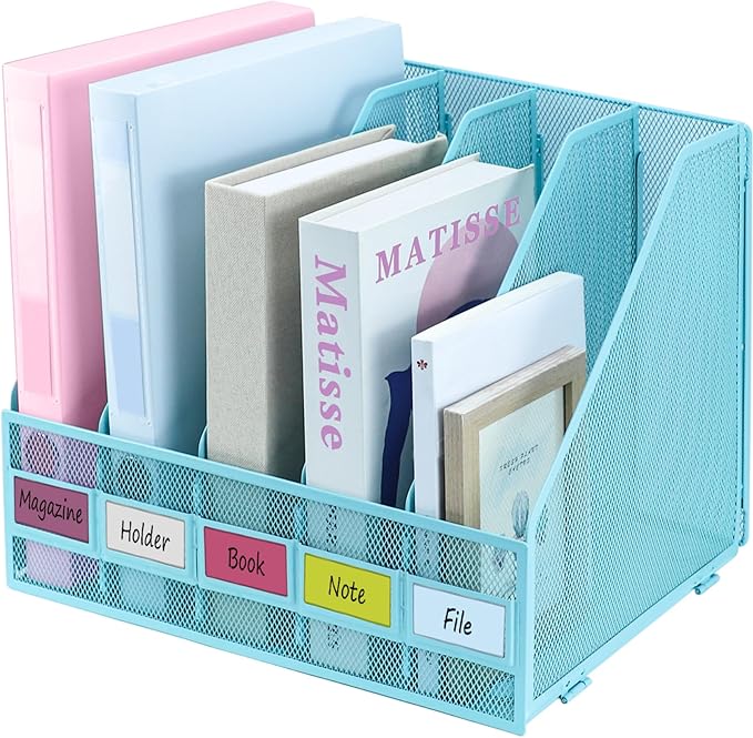 Desk Organizers, Metal Magazine File Holder with 5 Vertical Compartments Rack Binder File Organizer for Office Supplies, Home Workspace - Blue