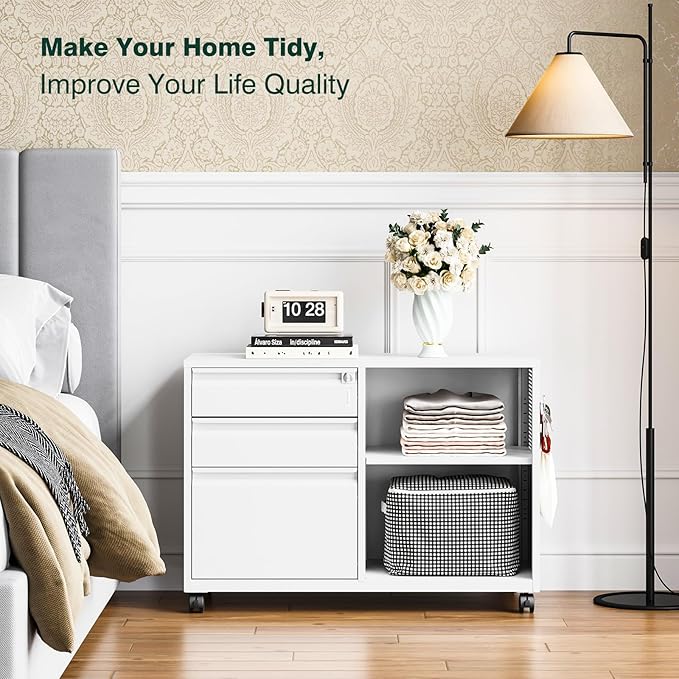 3 Drawer Metal File Cabinet with Lock,Mobile Lateral Filing Cabinet,Printer Stand Storage Cabinets with Shelves for Home Office(White)