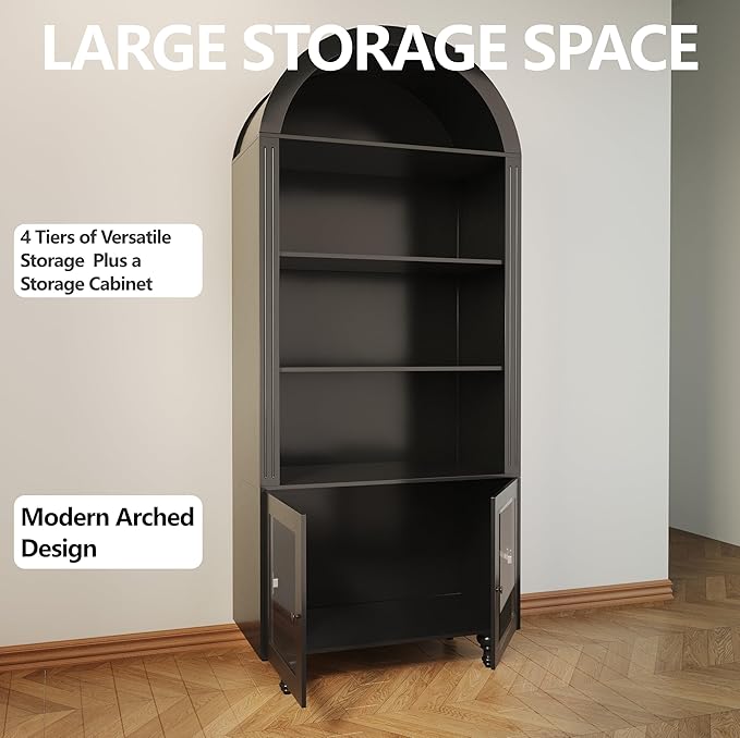 Wooden Arched Bookshelf,5-Tier Shelf,Farmhouse Storage Display Cabinet Etagere Bookcase, Large Bookshelf,Tall Open Storage Cabinet for Home Office Living Room&Kitchen(Black-Arched top)