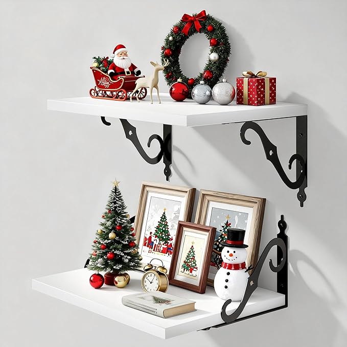 16 Inch Deep Floating Shelves for Wall, 12 Inch Deep Floating Shelf with Bracket, White Wall Shelves 16 Inches Long, Wide Display & Storage Shelves for Living Room, Bathroom, Bedroom, White, Set of 2