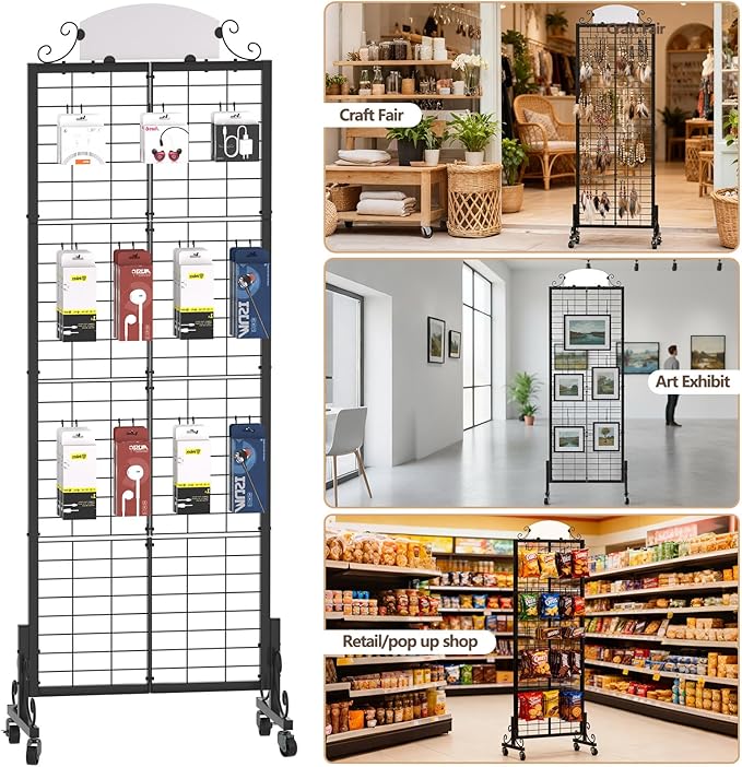 Urban Deco Grid Wall Panel Display Stand, 2.2' x 6.2' FT Gridwall Panel with Extra 8 Hooks, Craft Show Display Rack Black Metal Grids Standing Wire Rack for Retail Merchandise
