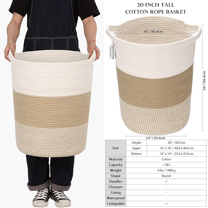 Sea Team Large Size Cotton Rope Woven Storage Basket with Handles, Laundry Hamper, Fabric Bucket, Drum, Clothes Toys Organizer for Kid's Room, 20 x 14 inches, Round Open Design, White & Mottled Khaki