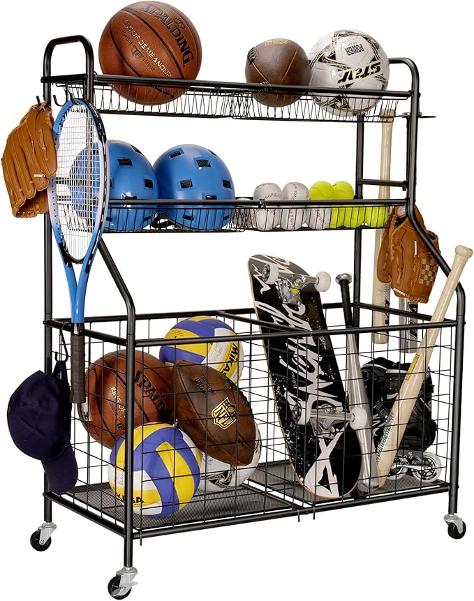 Kinghouse Garage Sports Equipment Organizer, Ball Storage Rack, Toy Storage, Nerf Gun Organization on Wheels for School, Garage, Black, Steel (Black)