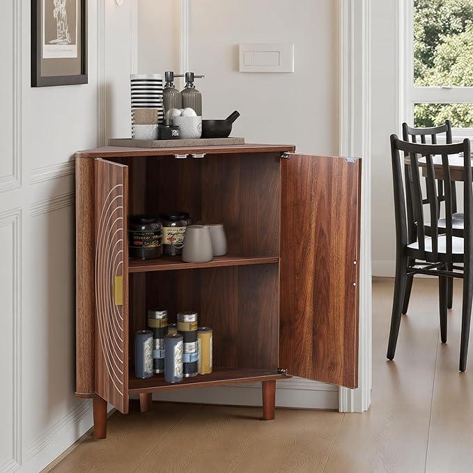 Small Corner Storage Cabinet, Modern Freestanding Floor Cabinet with Magnetic Door Lock and Adjustable Shelves, Small Space Corner Table for Bathroom, Kitchen, Dining Table, Living Room, Walnut