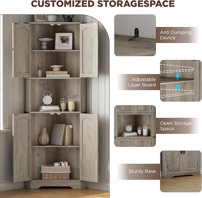 Maupvit Tall Corner Cabinet, Farmhouse Corner Storage Cabinet with 4 Barn Doors and Adjustable Shelves, Storage Pantry Cabinet for Kitchen, Living Room, Laundry Room, Grey