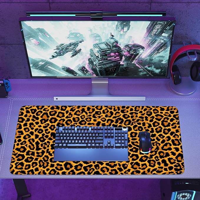 Leopard Print Mouse Pad – Large Extended Desk Mat 35.43 x 15.75 in – Bold Cheetah Animal Pattern, Non-Slip Rubber Base, Waterproof Surface, Fashionable Keyboard & Mouse Pad for Office, Home, or Gaming
