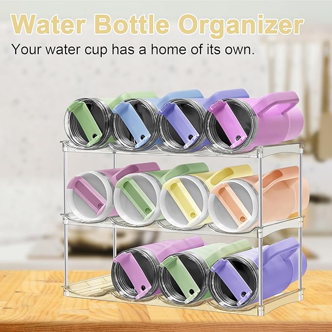 Stackable Water Bottle Organizer & Holder for Cabinet - Clear Acrylic Tumbler Storage Rack for Stanley 40oz Cups, Wine Bottles & Large Tumblers - 3-Tier Pantry and Kitchen Organizer Holds 12 Bottles﻿