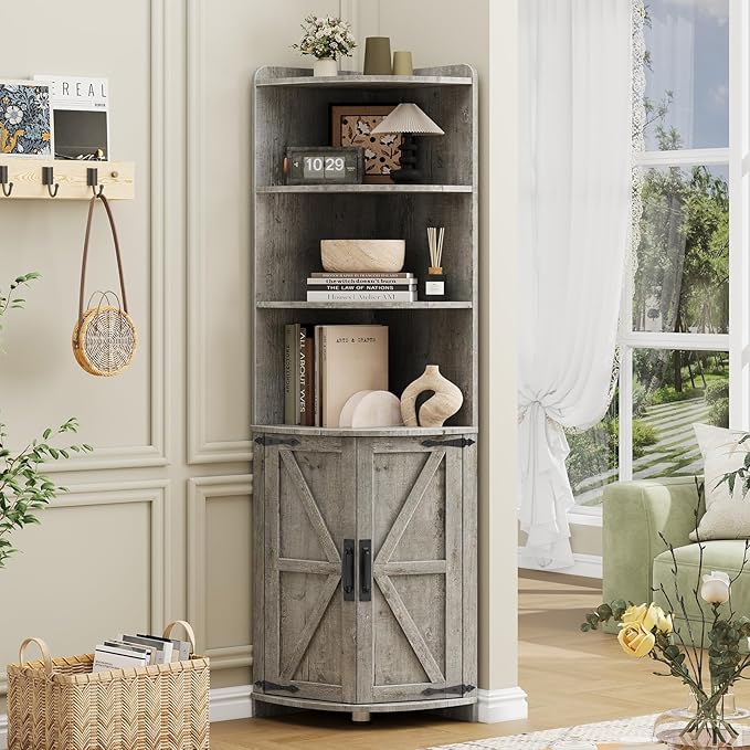 Vabches Tall Corner Cabinet, Farmhouse Corner Storage Shelf with 2 Doors and 6 Storage Shelves, Cabinet with Barn Door Design, Home Space Saver for Living Room, Kitchen, Bathroom, Grey