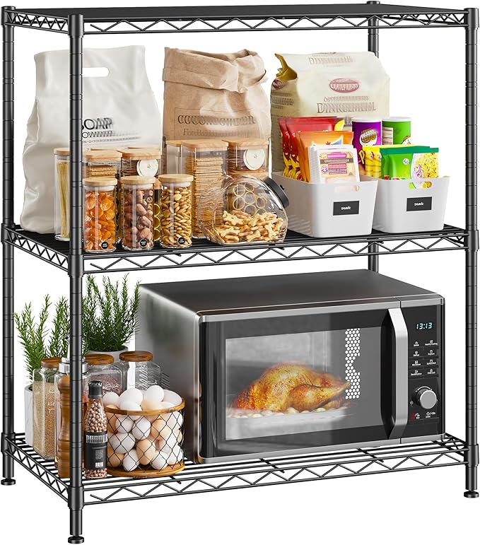 450LBS Storage Shelves 3 Tier Metal Shelving Unit Adjustable Wire Shelving Storage Rack Pantry Shelves for Kitchen Laundry Office Dorm Closet Bathroom 24" W x 30" H x 14" D Black