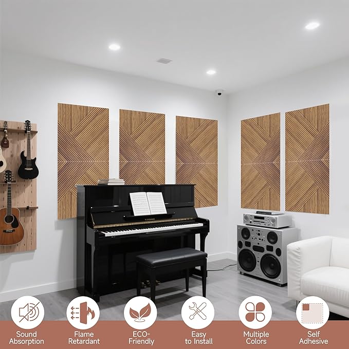 TO-TH Acoustic Wall Panels,6 Pack Total Size 72 x 48 Inches,Self-Adhesive Decorative Acoustic Panels for Wall and Ceiling,3D UV Printing with Wood Look,Beech
