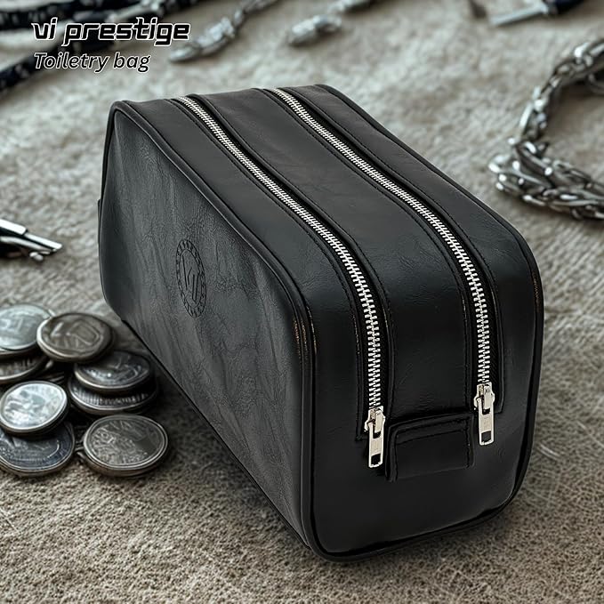 Dopp Gift Large Travel Toiletry Bag Premium Quality PU Leather Two compartments YKK Zippers Water-resistant Bottom Studs Mesh Pockets Durable Cosmetic Organizer BLACK