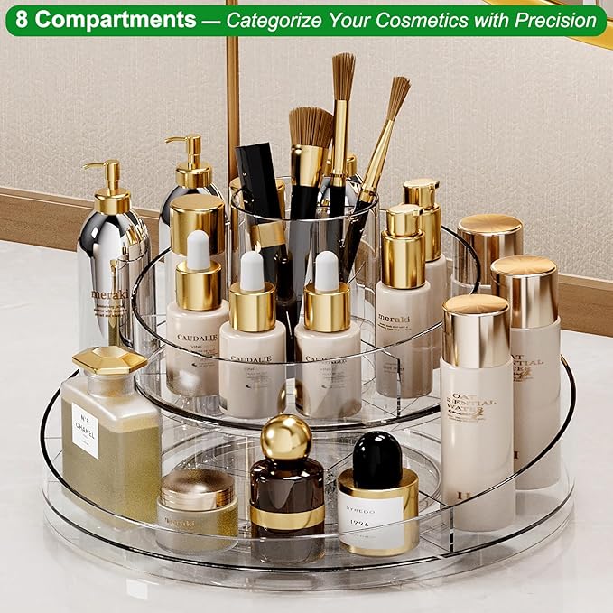 Taiuloo 360 Rotating Makeup Organizer, Clear Acrylic Lazy Susan Cosmetic Storage Turntable for Skincare, Perfume & Lipstick, Round Spinning Tray with Brush Holder for Vanity, Bathroom