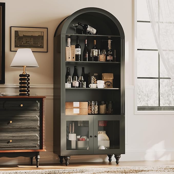 Wooden Arched Bookshelf,5-Tier Shelf,Farmhouse Storage Display Cabinet Etagere Bookcase, Large Bookshelf,Tall Open Storage Cabinet for Home Office Living Room&Kitchen(Black-Arched top)